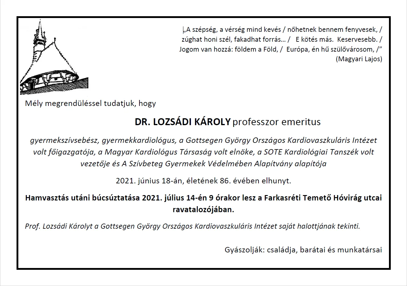 Prof. Dr. Lozsádi Károly gyászjelentése